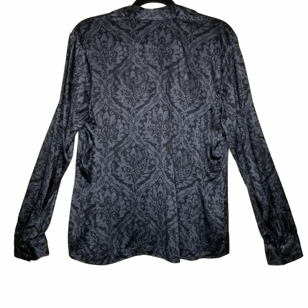 Ann Taylor Dark Gray Button Up Collared Damask Long Sleeve Silk Blouse Size 14 - Picture 5 of 5